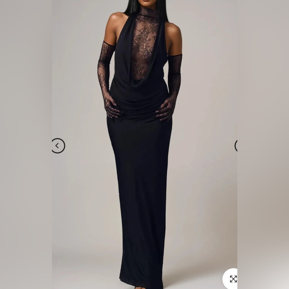 Innovare Denim Darleen Cowl Neck Ruch Lace Maxi Dress In Black